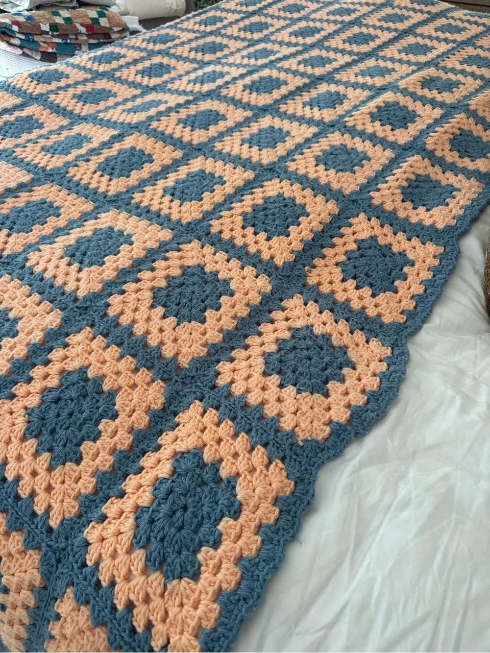 Handmade Peach and Teal Crochet Granny Square Bedspread